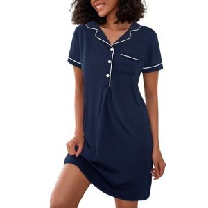 Jahetuul Chemise de Nuit Femme en Coton Manches Courtes Col en V avec Poche Liquette de Nuit Femme avec Boutons Ouvert Devant Nuit Confortable et Élégant (DUCHANGYIYUN-EU, neuf)