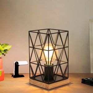 Dorlink Lampe de Table E27 Industrielle, Lampe de Chevet Métal Noir, Lampe de Table Géométrique avec Interrupteur 1,8M, Base de Veilleuse Bois pour Chambre, Bureau, Salon, Bar (Sans Ampoule) (LEMON FI SKY, neuf)
