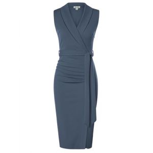 GRACE KARIN Robe Fourreau Femme sans Manches Col Châle Mi-Mollet avec Ceinture Amovible et Fente Élégante Gris-Bleu 38 (Claroine EU, neuf)