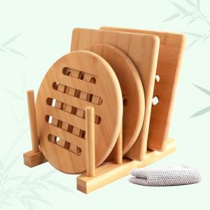 6 Pièces Dessous de Plat en Bambou, Dessous de Plats Rond Carré, sous Plat de Table Protege Poele, avec Égouttoir et Tissu de Nettoyage pour Casseroles Assiettes Tasses Bols Théières (KaiHongHui, neuf)