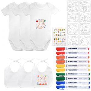 KingYH Bavoir Bebe &agrave; Peindre Blanc Bavoir &agrave; Colorier et Body &agrave; Manches Courtes avec Stylos Textiles de Couleur et 8 Pochoirs de Peinture Cadeau pour Babyshower F&ecirc;te Pr&eacute; (24, Blanc, 9Mois) (KingYH, neuf)