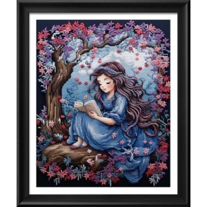Kit de point de croix à faire soi – meme kit de démarrage de broderie pré - imprimée canevas kit complet adulte ou enfants pour les debutants - Une petite fille qui lit 34x42cm (Leihai Trade, neuf)
