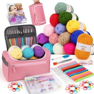 Aeelike Kit de crochet pour d&eacute;butants, avec 16 fils, portable, 2,0 &agrave; 8,0 mm, poign&eacute;e ergonomique douce, accessoires, bo&icirc;te de rangement transparente, sac (EuErYang, neuf)