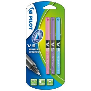 Pilot V5 Blister de 3 Stylos &agrave; bille roulante &agrave; encre liquide Pointe Fine Rose/violet/turquoise (OMGHC., neuf)