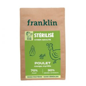 Franklin Protéinée – Croquettes Chien Stérilisé – 12kg – 70% de Poulet – Mono-Protéine – sans Céréales – Forme Ronde 13mm – Poulet, Courge, Myrtille (Franklin Pet Food, neuf)