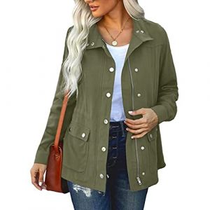 SDGR Veste Femme mi Saison Printemps Militaire Manteau Parka en Coton Casual Jacket Poches Blouson Veste Saharienne Femme Sports Décontracté Outwear Zipper (SDGR Fashion, neuf)