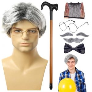Cosplay de vieil homme, Costume de grand-père pour hommes, taille adulte - Kit de costumes de grand-père 8 pièces/ensemble | Perruque de vieil homme, lunettes de canne, Faux sourcils, moustache, nœud (bintfanti, neuf)