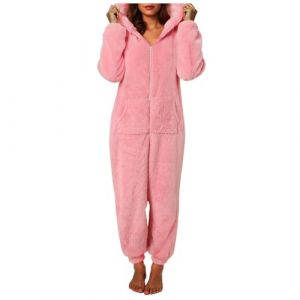 XIANUOJI Combinaison Pyjama Femme Grenouillere Combi Tout en Un Chaud en Polaire, Pyjamas Barboteuse Capuche V&ecirc;Tement en Peluche Nuit Adulte Costume Loungewear Grenouill&egrave;re (Rose, XL) (XLEWHX, neuf)