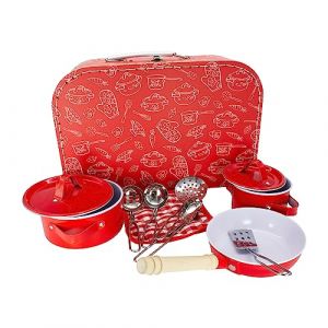 GICO Batterie de cuisine pour enfant 12 pi&egrave;ces dans une mallette en carton rouge Mallette avec casseroles, po&ecirc;les, maniques et couverts en m&eacute;tal (GICO Spielwaren-Vertrieb GmbH, neuf)