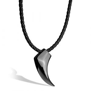 SERASAR Collier en Cuir Dent de Loup pour Homme Noir Pendentif Dents Acier Inoxydable 50cm Cadeau Petit Ami Mari (SERASAR, neuf)