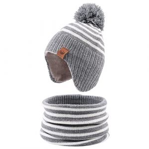 XIAOHAWANG Rayé Tricoté Bébé Bonnet Hiver Chaud Enfant Chapeau Classique Fille Garçon Bonnets avec Pompom Tout-Petit Chapeaux pour Activité de Plain Air(Gris(Chapeau+écharpe),4 à 7 Ans) (Xiaohawang Market, neuf)