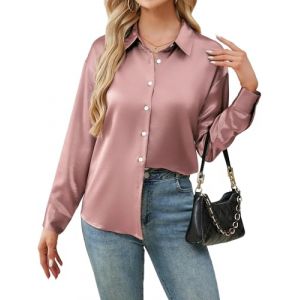 Stamain Chemisier pour Femmes Manches Longues Chemise &agrave; col en V La Soie &Eacute;l&eacute;gante Casual Satin Tops Chemisier uni Travail &agrave; Boutons sur Le Devant Top de Soir&eacute;e Business Rose 2XL (ELOOKEUR, neuf)