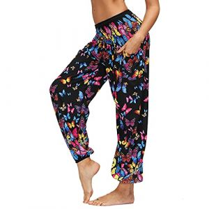 Nuofengkudu Femme Harem Pantalon Sarouel Thaïlandais Hippie Baggy Léger Boho Ethnique Smockée Taille Haute avec Poches Yoga Pants Été Plage (Y-Papillon Noir,Taille Unique) (better Life, neuf)