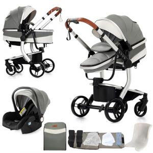 Nine point nine Cuir PU Poussette 3 en 1, Poussette Bebe avec Double Modes de Poussée Réversibles, Poussette Canne avec Grande Nacelle Confortable, Pousettes Cadre Aluminium Haute Paysage (B518 Grey) (Kaiwen baby products, neuf)