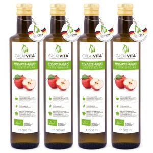 GreatVita Vinaigre de cidre de cidre bio 4 x 500 ml Naturel terne, non filtré, avec écrou à vinaigre (mituso, neuf)