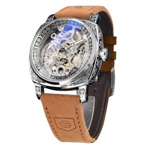 FORSINING Montre pour homme - Montre mécanique carrée rétro sculptée - Squelette automatique - Bracelet en cuir vintage, Marron argenté (NANA TIME, neuf)