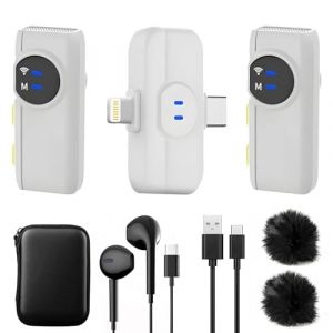 A5-Basic Micro-cravate sans fil pour iPhone, Android, mini-micro à clip avec réduction de bruit,portée 100m,autonomie 10h,micro sans fil pour vidéo,vlog,podcast,ASMR et streaming - Blanc(2 TX + 1 RX) (Magic Lamp Direct, neuf)