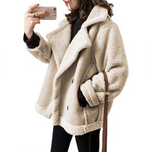 ORANDESIGNE Veste de Moto Femme Hiver Chauds Fausse Fourrure en Mouton Manteau de Moto D'Molleton en Daim Revers Parka A-Beige M (ORANNER EU, neuf)