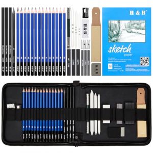 Coolzon Crayons de Dessin, 35 pcs Artiste Set Malette Dessin avec à Croquis, au Fusain, Graphite, Gomme Couteau Extenseur dans un étui (ESCEARIO, neuf)