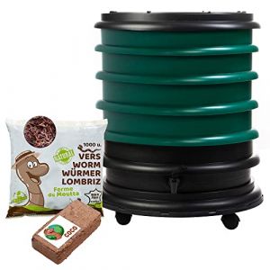 WORMbox | Lombricomposteur 4 Plateaux Vert Foncé + 500gr de vers de Compost + 1 Bloc Coco | 64 litres | Compostez Vos déchets organiques, Les vers de Terre / lombrics produisent du lombricompost (Ferme du Moutta, neuf)