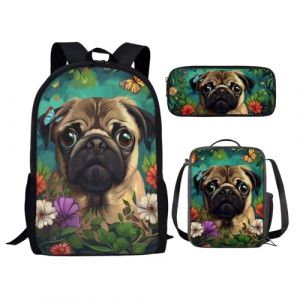 chaqlin garçon Sac à Dos Mignon Animal Pug Print Enfants Cartable Retour à l'école Cartable Grand Sac à Dos de Voyage Set Lunch Box Food Container Pencil Bag Set de 3 (chaqlin, neuf)
