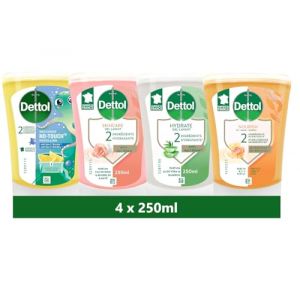 DETTOL - 4 Recharges No-Touch Savon Liquide Mains 250 ml - Miel & Vanille, Citron, Eau de Rose & Beurre de Karité et Aloe Vera & Bambou (Pennguin-FR-Home, neuf)