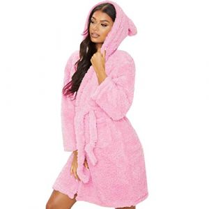 MINASAN Peignoir court &agrave; capuche pour femme - Peignoir de sauna moelleux - V&ecirc;tement de nuit en polaire - Robe de chambre avec oreilles - Avec capuche, Rose, L (jin bin baihuo, neuf)