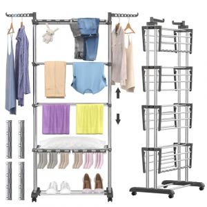 johgee Séchoir à Linge étendoir Pliable 5 Niveaux, Hauteur Réglable Etendoir Linge, avec 8 Ailes Pliables et 4 Pinces à Chaussettes, en Acier Inoxydable, pour l'intérieur et l'extérieur (Wohl-Hausshop, neuf)