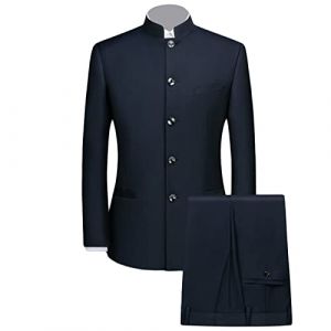 Costume Tunique Chinoise 2 Pièces pour Hommes Ensemble Blazer à Col Mandarin Ensemble Pantalon Veste Boutonnée Robe de Marié Uniforme Traditionnelle (Bleu Foncé,S) (Huabaohua[7-12 Deliverly], neuf)