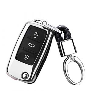 Happyit TPU Doux Cas de Couverture de Clé de Voiture avec Porte-clés pour VW Volkswagen Skoda Golf7 Polo Tiguan Passat Jetta MK4 MK5 MK6 Coccinelle (Argent) (Happyit66, neuf)