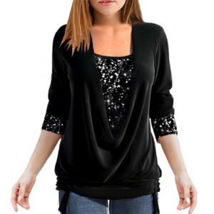 Chemisier Femme Paillettes Strass Sexy Soir&eacute;E Haut Faux Deux Pi&egrave;ces Ample &agrave; Smocks et Col en U &agrave; Sequins Blouses Manche Longue Chic Et &eacute;L&eacute;Gant (⭐⭐⭐⭐⭐Zeiayuas, neuf)