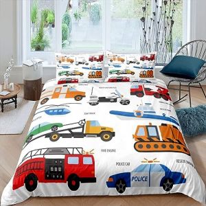 SIVAGA Housse de Couette 140x200 Voiture de Dessin Animé Camion de Pompier, Parure de Lit Enfant 1 Personne en Microfibre Douce Imprimée en 3D avec 2 Taies d'oreiller avec Fermeture Éclair (Zhaolufangzhipin, neuf)