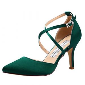 Duosheng & Elegant HC1901 Femme Bout Pointu Talon Haut Escarpins Sangle croisée Satin Chaussures de Mariage de mariée de soirée Vert foncé EU 39 (EMMAVILLE, neuf)