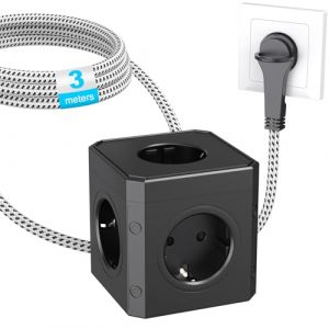 Bloc multiprise cube 5 prises avec prise plate, multiprise cube pour bureau, maison, voyage, câble de 3 m, noir (ZEALGO-FR, neuf)