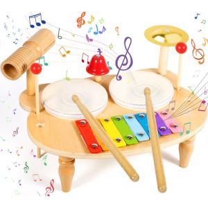 POWZOO Tambour Jouet Bebe,10 en 1 Jouets pour bébés Instruments de Percussion,Instrument de Musique Ensemble de Batterie pour Enfants,Table Musicale en Bois,Jouets de Percussion Montessori(3-5ans) (VASIANI BLITZ, neuf)