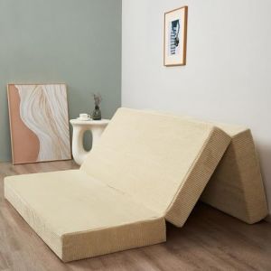 MAXYOYO Matelas Pliant en Velours côtelé, Matelas de Sol à Trois Plis de 10 cm d'épaisseur avec Housse Lavable, Pliable en Trois, Peu encombrant pour Les invités (Camel, King) (MAXYOYO, neuf)