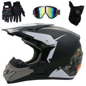 Casque de Motocross IntéGral, Avec Lunettes, Gants, Masque, éQuipement de Protection Pour Jeunes Enfants, VTT, BMX, Quad, Dirt Bike(Black ghost head,M(54-55cm)) (YUJINGNA, neuf)