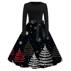 Robe Noel Femme Robe De Noel Chic Et Elegant Manches Longues Robe De Soiree Cocktail Imprim&eacute;es No&euml;l 1950er Swing Hepburn Robe De No&euml;l Rockabilly Vintage Christmas Dress Costume P&egrave;re No&euml;l (Chnnamzu (7-12 jours), neuf)
