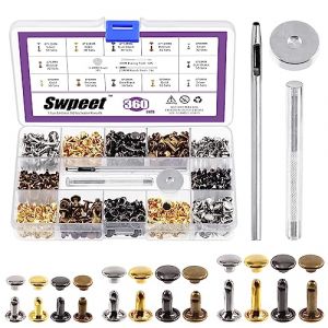 Swpeet 360 ensembles 4 couleurs 6mm 8mm 12mm rivets en cuir &agrave; double capuchon avec 3 outils de fixation kit d'assortiment, rivets en cuir &agrave; double capuchon tubulaires pour bricolage cuir artisanat (swpeet, neuf)