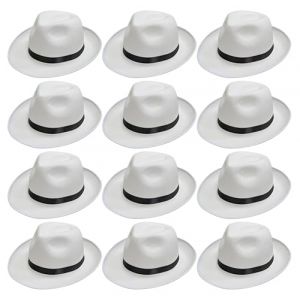 Lot de 12 chapeaux de gangster – Chapeau trilby blanc avec bande noire – Accessoires de déguisement de détective de mafia des années 1920 et 1940 – Chapeau de détective privé Gatsby le Magnifique (Quickdraw Stationery UK, neuf)