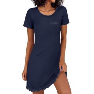 Demegimi Chemise de Nuit Cotton V&ecirc;tements de Nuit en Dentelle Robe de Nuit &agrave; Manches Courtes Grande Taille Sensuelle Large Robe de Nuit Col en Rond(Bleu Marine,M) (FUZHOUXUANHE-EU, neuf)
