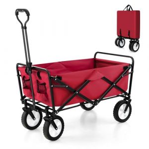 COSTWAY Chariot de Plage Pliable 82 L, Chariot de Transport avec Poign&eacute;e R&eacute;glable et Porte-Boissons Charge 68 kg, Chariot Utilitaire Ext&eacute;rieur pour Jardin Camping P&ecirc;che Achats (Rouge) (FDS GmbH, neuf)