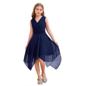YiZYiF Enfant Fille Robe Princesse Habillée Mousseline Robes de Mariage Soirée Cocktail Cérémonie Asymétrique Col V sans Manches Robe Demoiselle d'honneur 7-16 Ans Bleu Marin 15-16 Ans (Shifang, neuf)