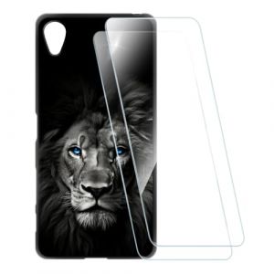 ESCAMOT Coque Imprimée + 2 Protections Verre Trempé Compatible avec Sony Xperia X F5121, Coque Souple Anti-Choc et Film HD Clair (Lion 2) (TomCase, neuf)