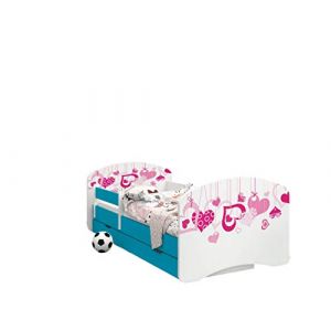 Happy Babies - LIT D'ENFANT DOUBLE FACE AVEC TIROIR Design Moderne Avec Bords Sûrs et Matelas en Mousse Antichute 7 cm Bleu (Falling Hearts, 180x90) (EuroTrip, neuf)