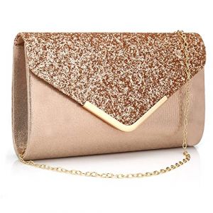 Milky Way Pochette Enveloppe Soirée Sac à Main Mariage En Paillettes Brillan Bandouliere Chic Et Elegant Clutch Argenté Avec Chaîne pour Femme Rose Gold (Royalmal, neuf)