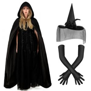 AUYAO Cape à Capuche Costume Halloween Adulte, Halloween Cape Sorcier Noir avec Chapeau de Sorcière/Gants de Sorcière, Cape Longue Halloween Unisexe, Carnaval et les Fêtes (Yadark, neuf)
