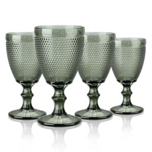 Joeyan Lot de 4 Verres &agrave; Vin Vintage Gris de 300 ml Avec Petit Relief de Perles,Color&eacute;s Ensemble Gobelets &agrave; Vin Pour Boissons au Jus de Vin,Verres &agrave; Boire R&eacute;tro Avec Pied,Passent au Lave-Vaisselle (JianYan, neuf)
