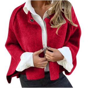 Klijuiaup Cape courte en laine mélangée pour femme - Léger - Ouvert sur le devant - Avec bouton sur le devant - Cardigan court pour femme - Manteau Wimter - Veste de travail ou de bureau, A02_rouge, (qihuide, neuf)