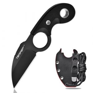 TONIFE Crescent Couteau de cou Couteau d'extérieur Lame fixe en acier 8Cr14MoV avec étui Lanyard et clip Couteau Full Tang Couteau de survie (Noir+Noir Titane) (HARNDS&TONIFE, neuf)